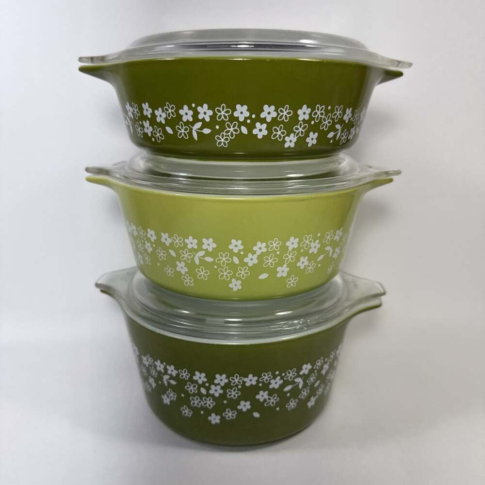 Vintage Pyrex Green Small Spring Blossom Nesting Bowls Casserole Dish Set Lids